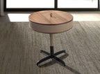 Round corner table in faux leather, walnut, and grey steel