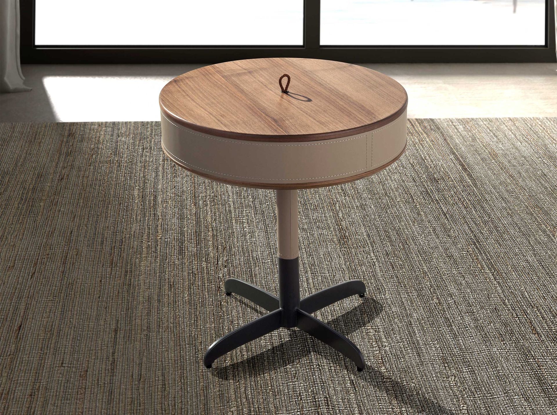 Round corner table in faux leather, walnut, and grey steel