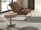 Round corner table in faux leather, walnut, and grey steel