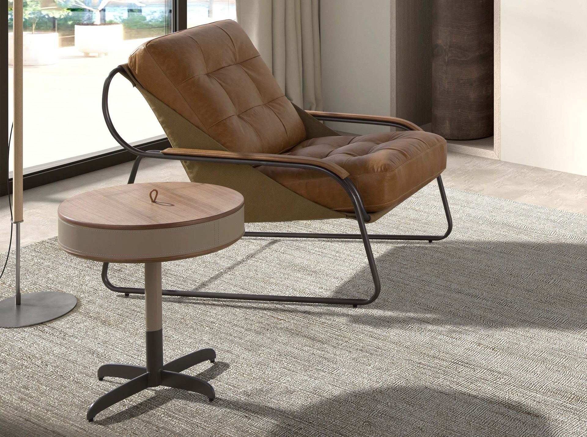 Round corner table in faux leather, walnut, and grey steel