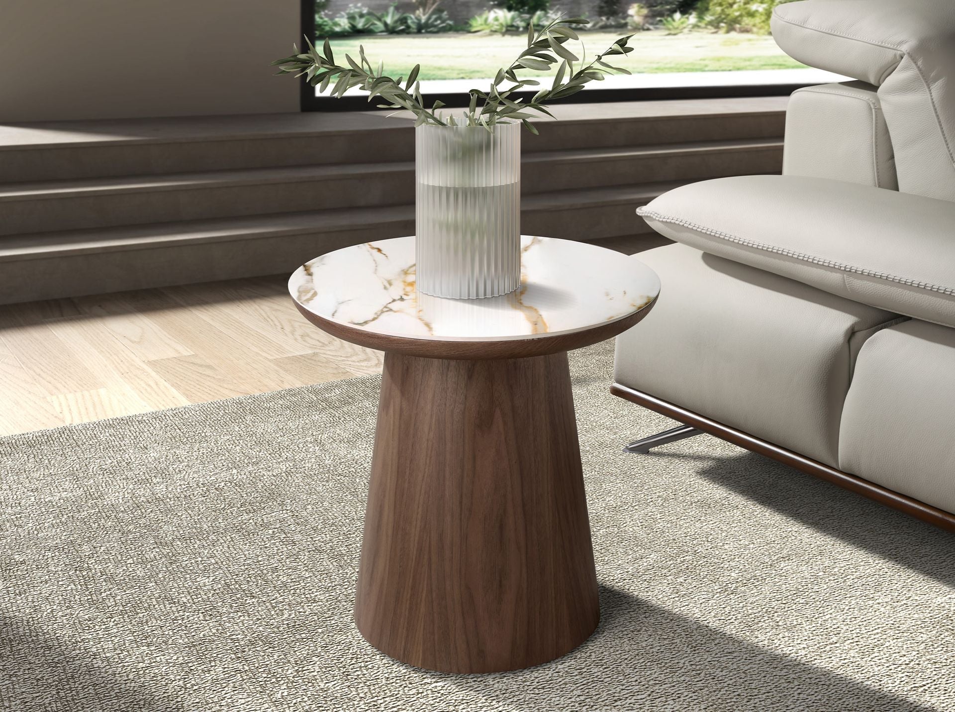 Round corner table in porcelain marble and walnut