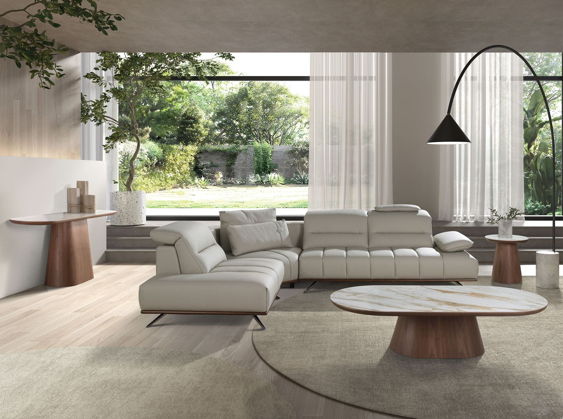 Round corner table in porcelain marble and walnut