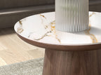 Round corner table in porcelain marble and walnut
