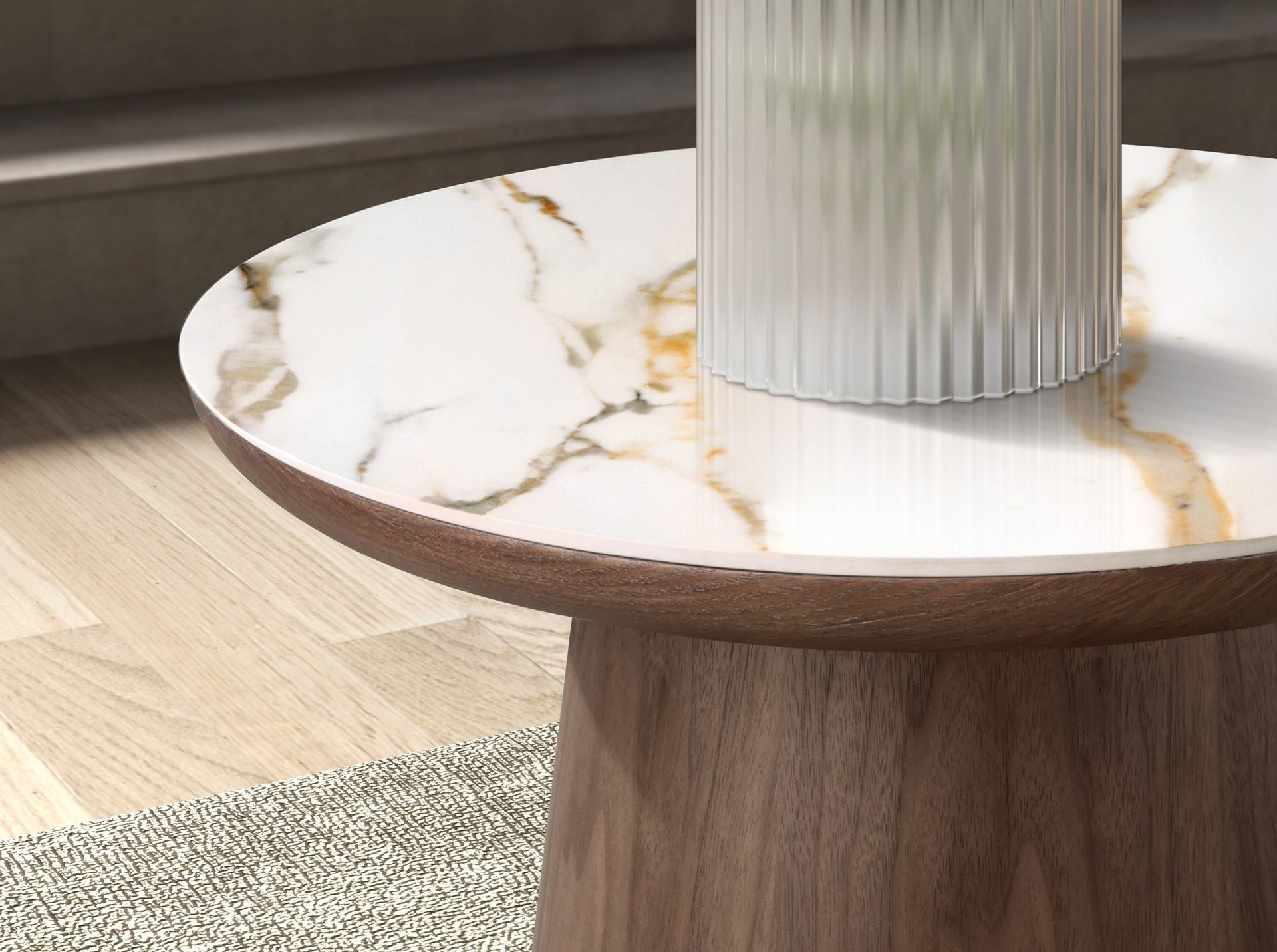 Round corner table in porcelain marble and walnut
