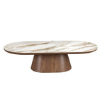 Semicircular oval coffee table in porcelain marble and walnut