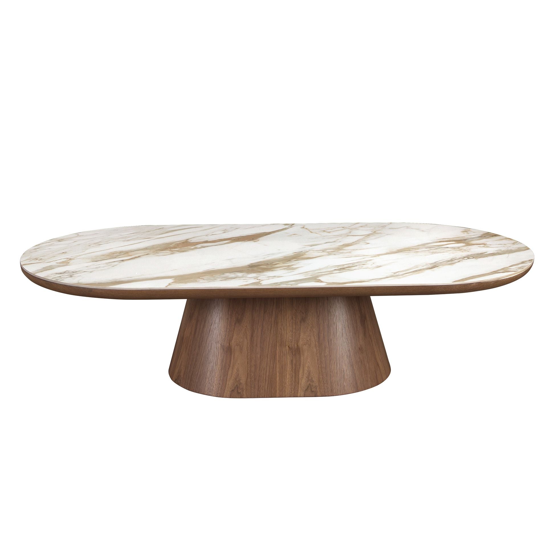 Semicircular oval coffee table in porcelain marble and walnut