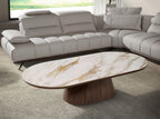 Semicircular oval coffee table in porcelain marble and walnut