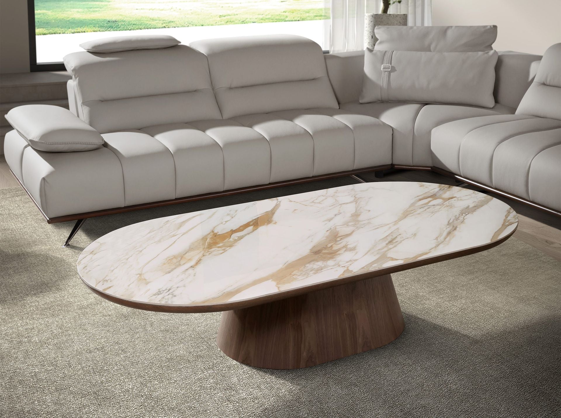 Semicircular oval coffee table in porcelain marble and walnut