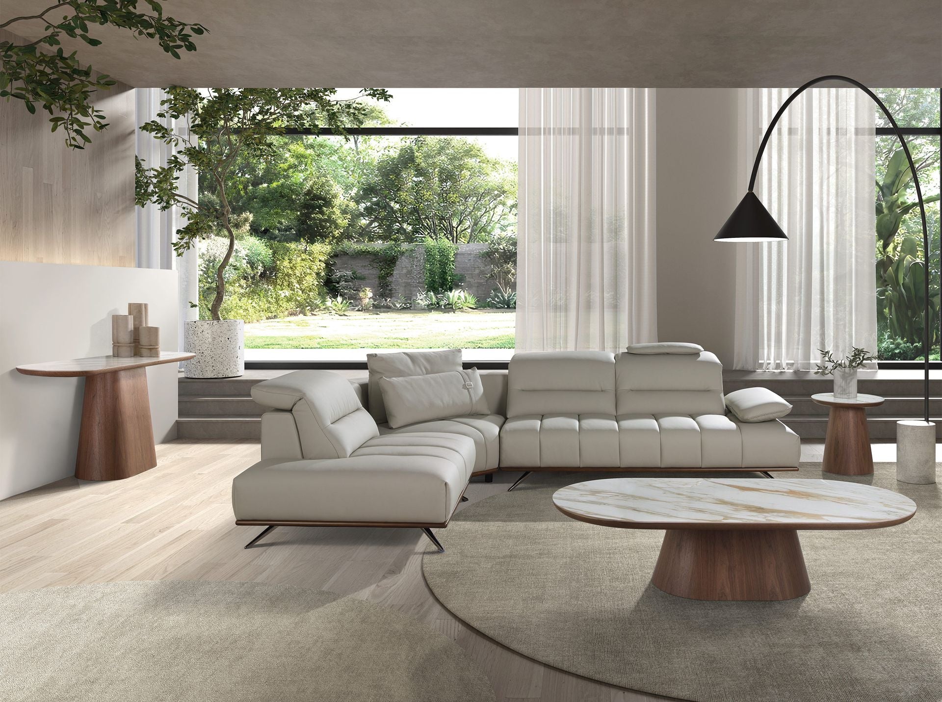 Semicircular oval coffee table in porcelain marble and walnut