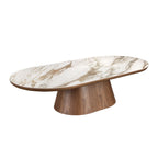 Semicircular oval coffee table in porcelain marble and walnut