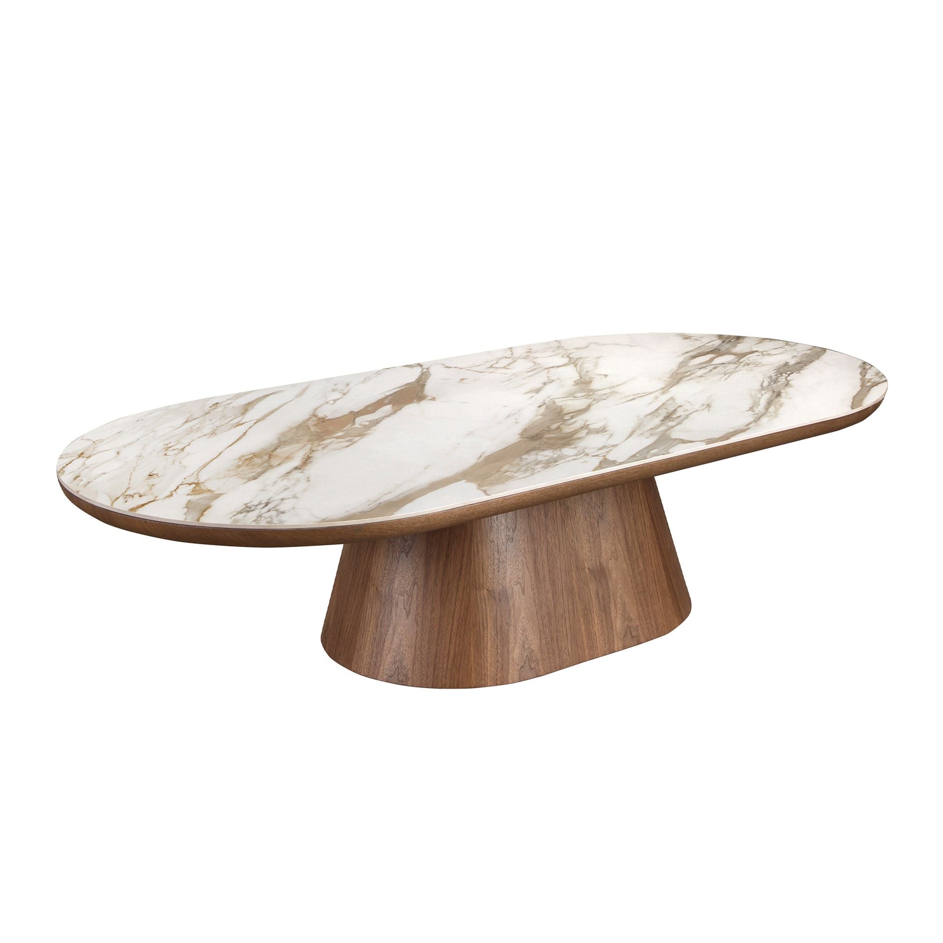 Semicircular oval coffee table in porcelain marble and walnut