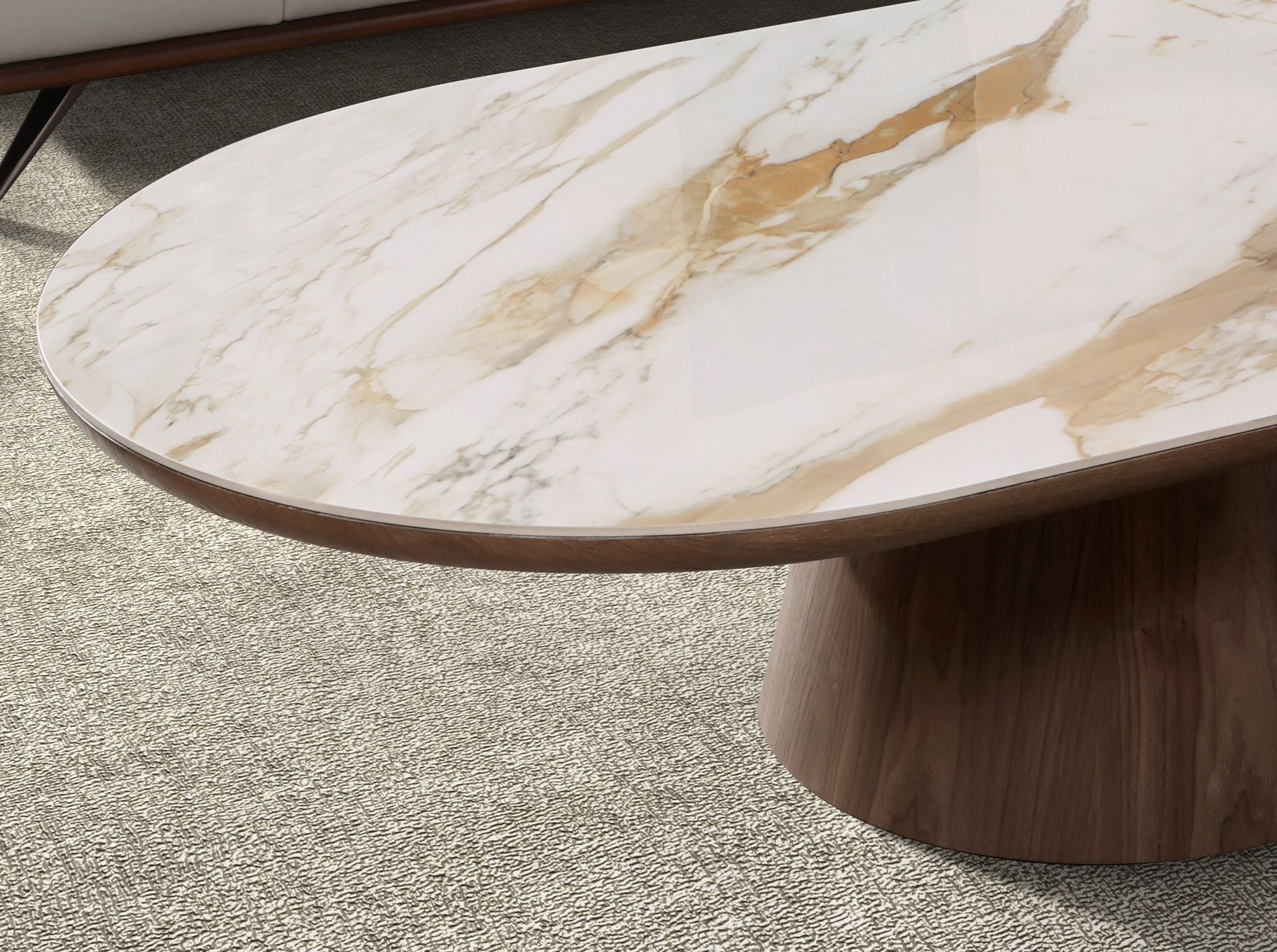 Semicircular oval coffee table in porcelain marble and walnut