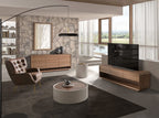Round coffee table in walnut and sand-colored faux leather-covered wood