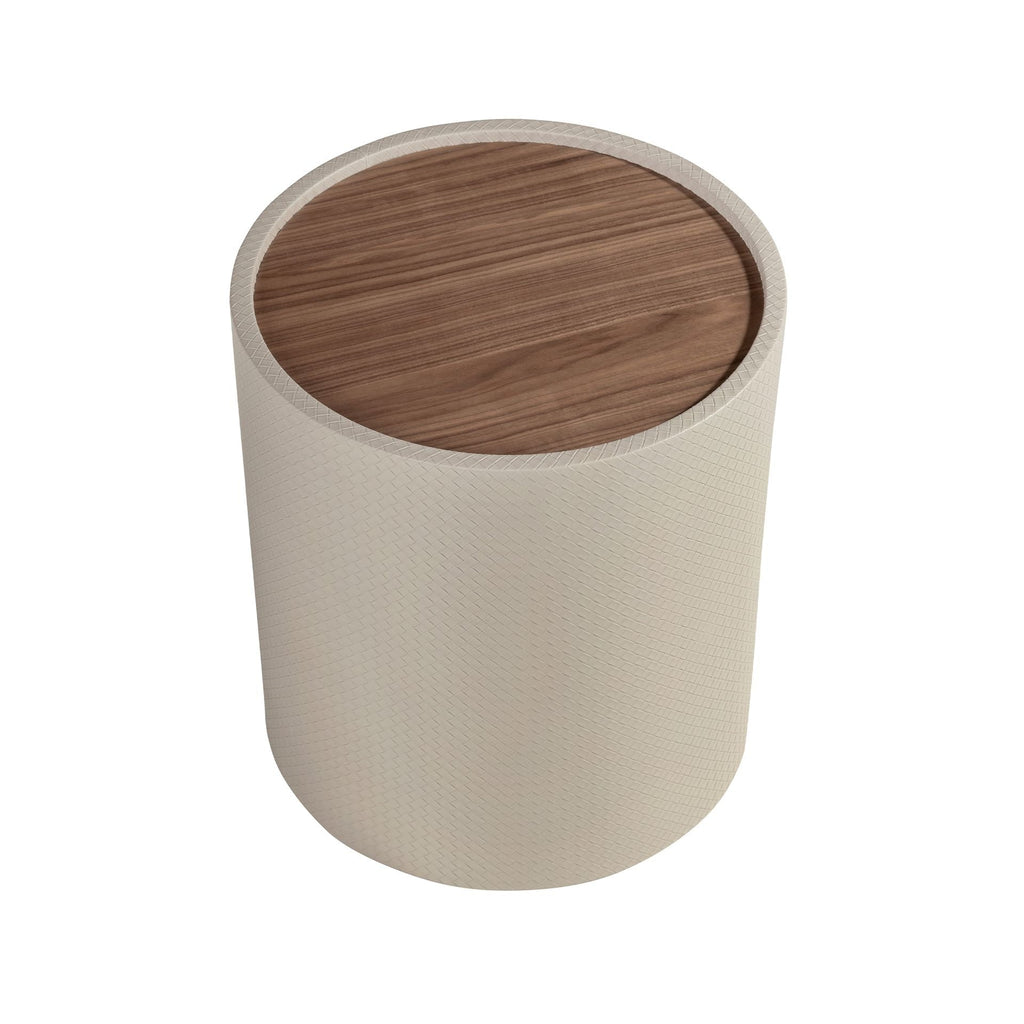 Small round corner table in walnut, walnut and wood covered in sand-colored faux leather