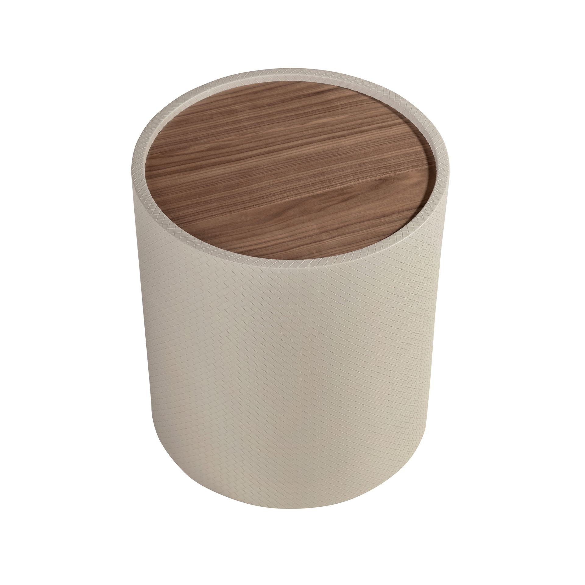 Small round corner table in walnut, walnut and wood covered in sand-colored faux leather