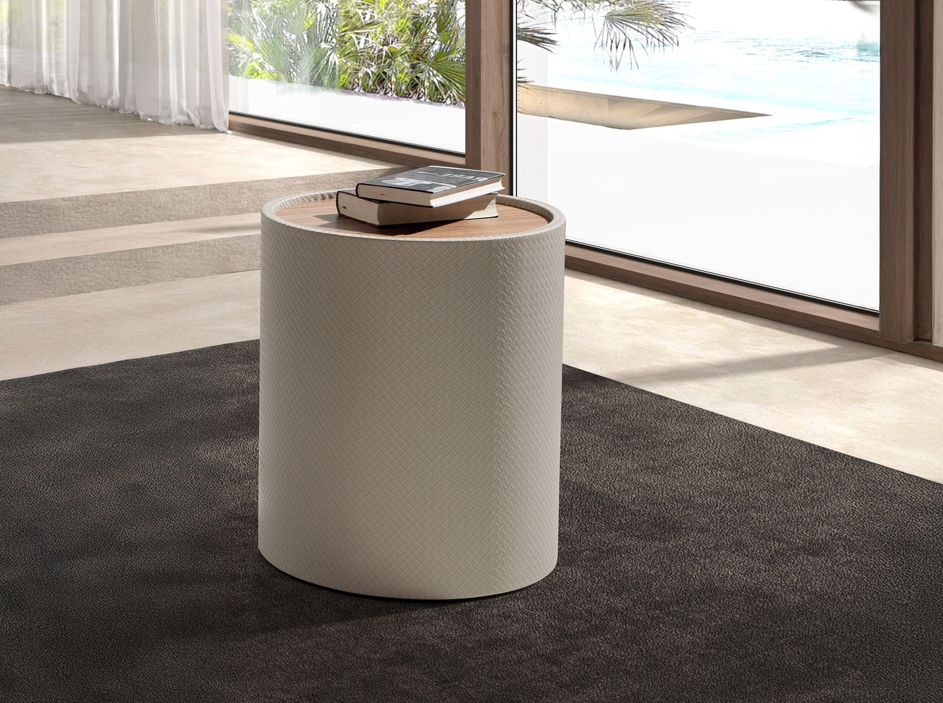 Small round corner table in walnut, walnut and wood covered in sand-colored faux leather