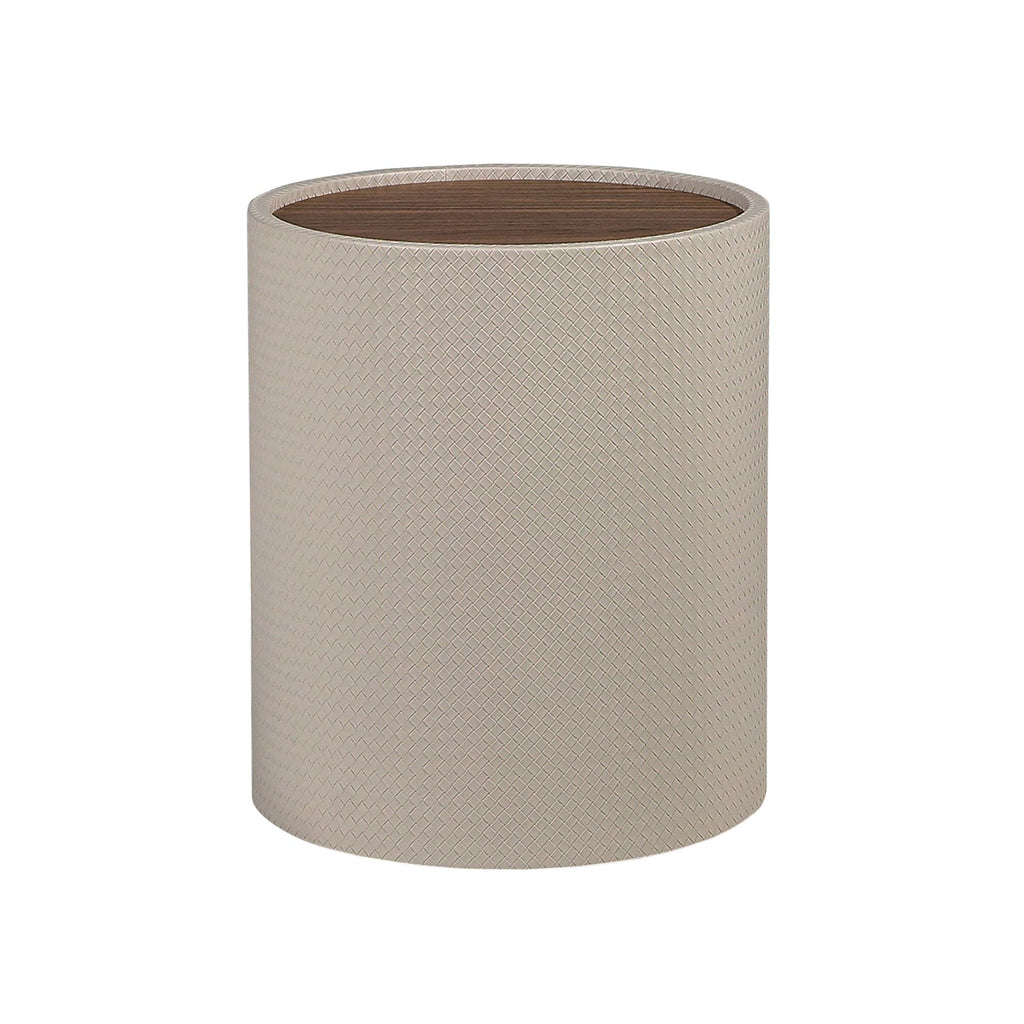 Small round corner table in walnut, walnut and wood covered in sand-colored faux leather