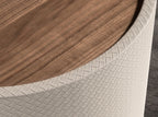 Small round corner table in walnut, walnut and wood covered in sand-colored faux leather