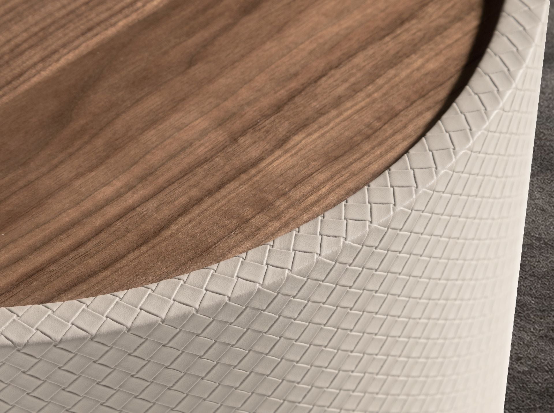 Small round corner table in walnut, walnut and wood covered in sand-colored faux leather