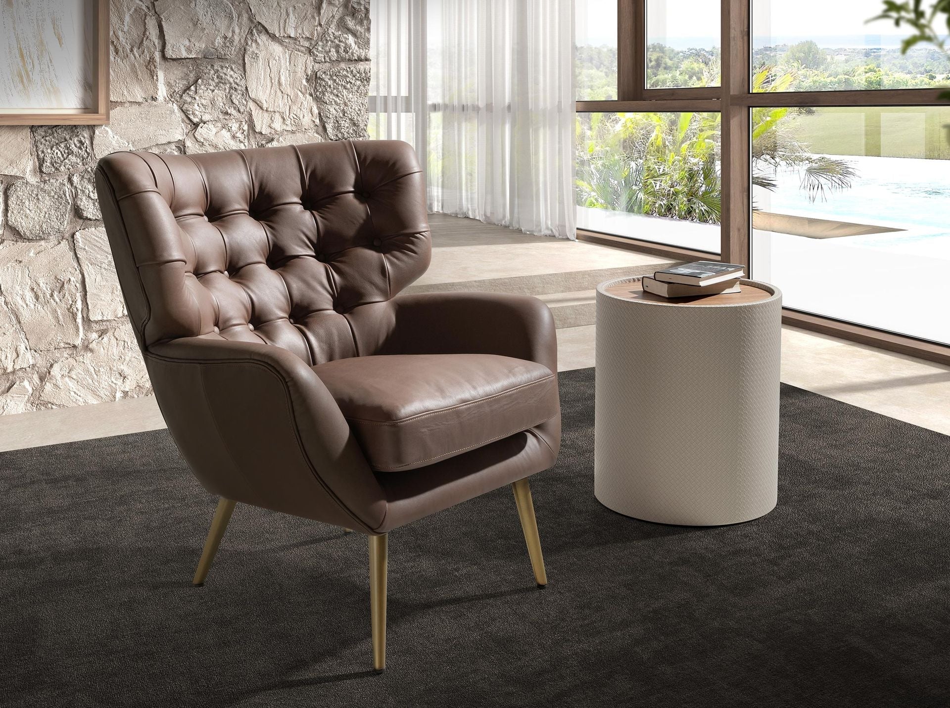 Small round corner table in walnut, walnut and wood covered in sand-colored faux leather
