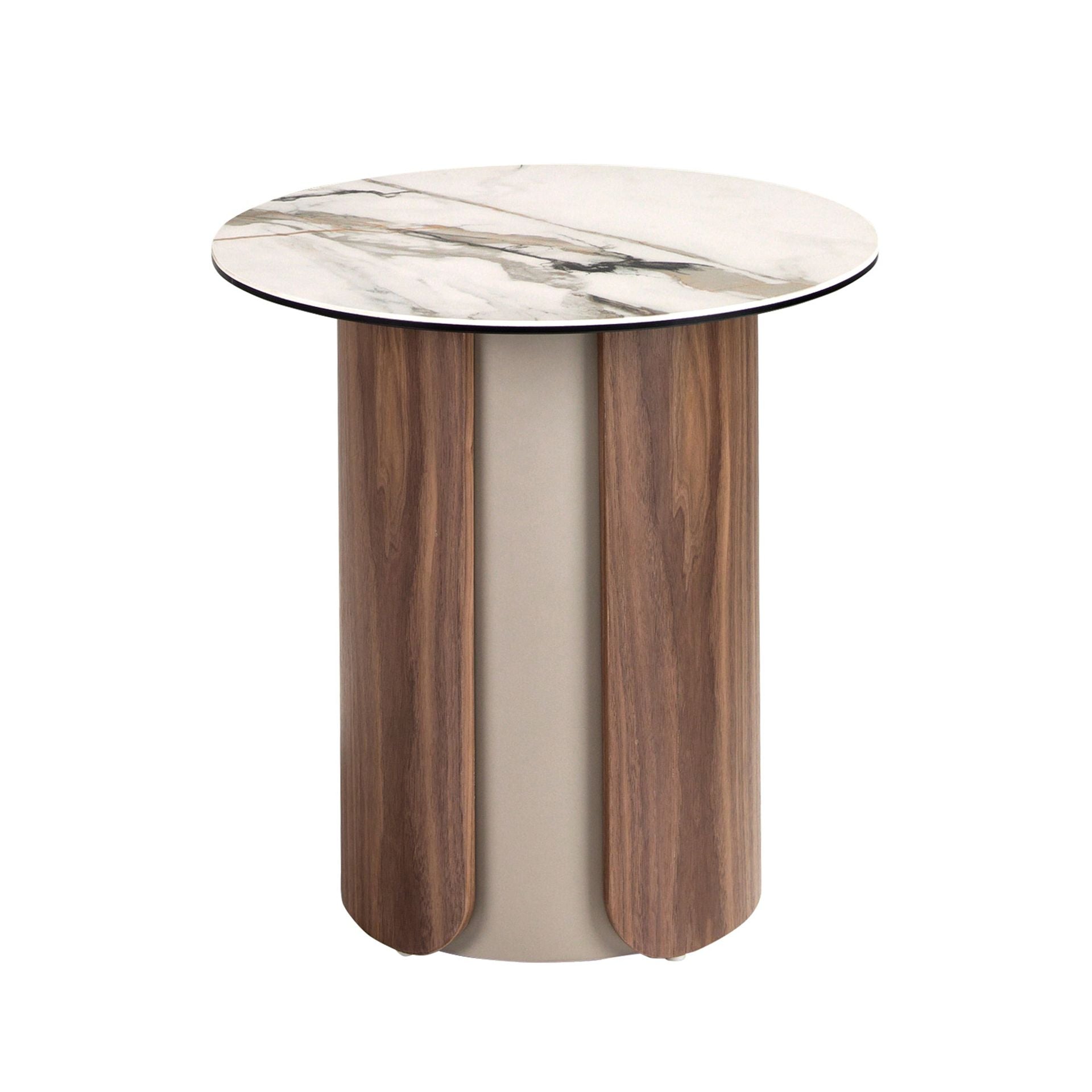 Round corner table in porcelain marble, sandblasted metallic steel, and walnut