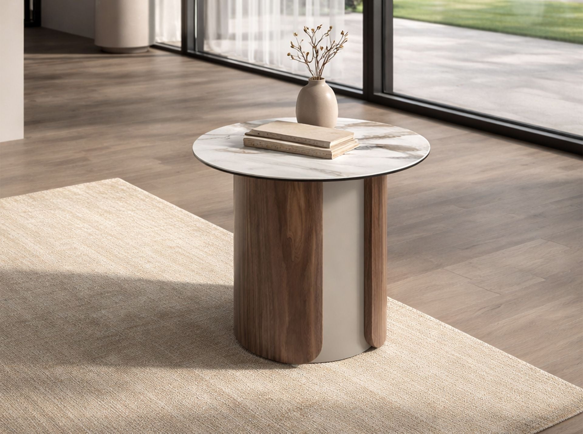 Round corner table in porcelain marble, sandblasted metallic steel, and walnut