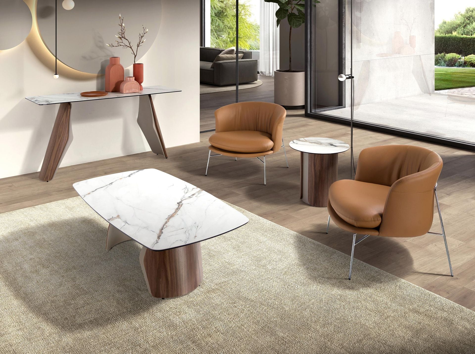 Round corner table in porcelain marble, sandblasted metallic steel, and walnut