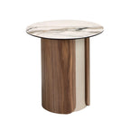 Round corner table in porcelain marble, sandblasted metallic steel, and walnut