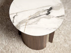 Round corner table in porcelain marble, sandblasted metallic steel, and walnut