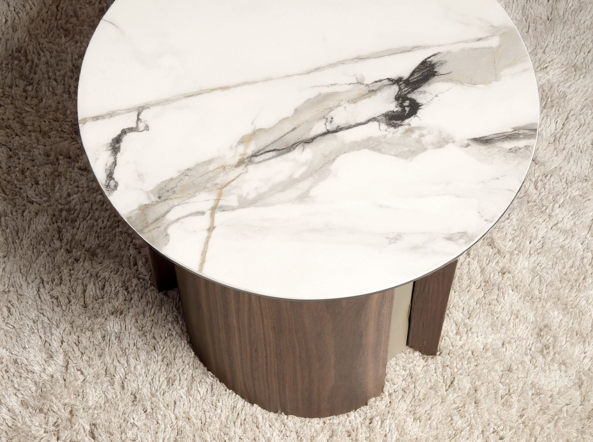 Round corner table in porcelain marble, sandblasted metallic steel, and walnut