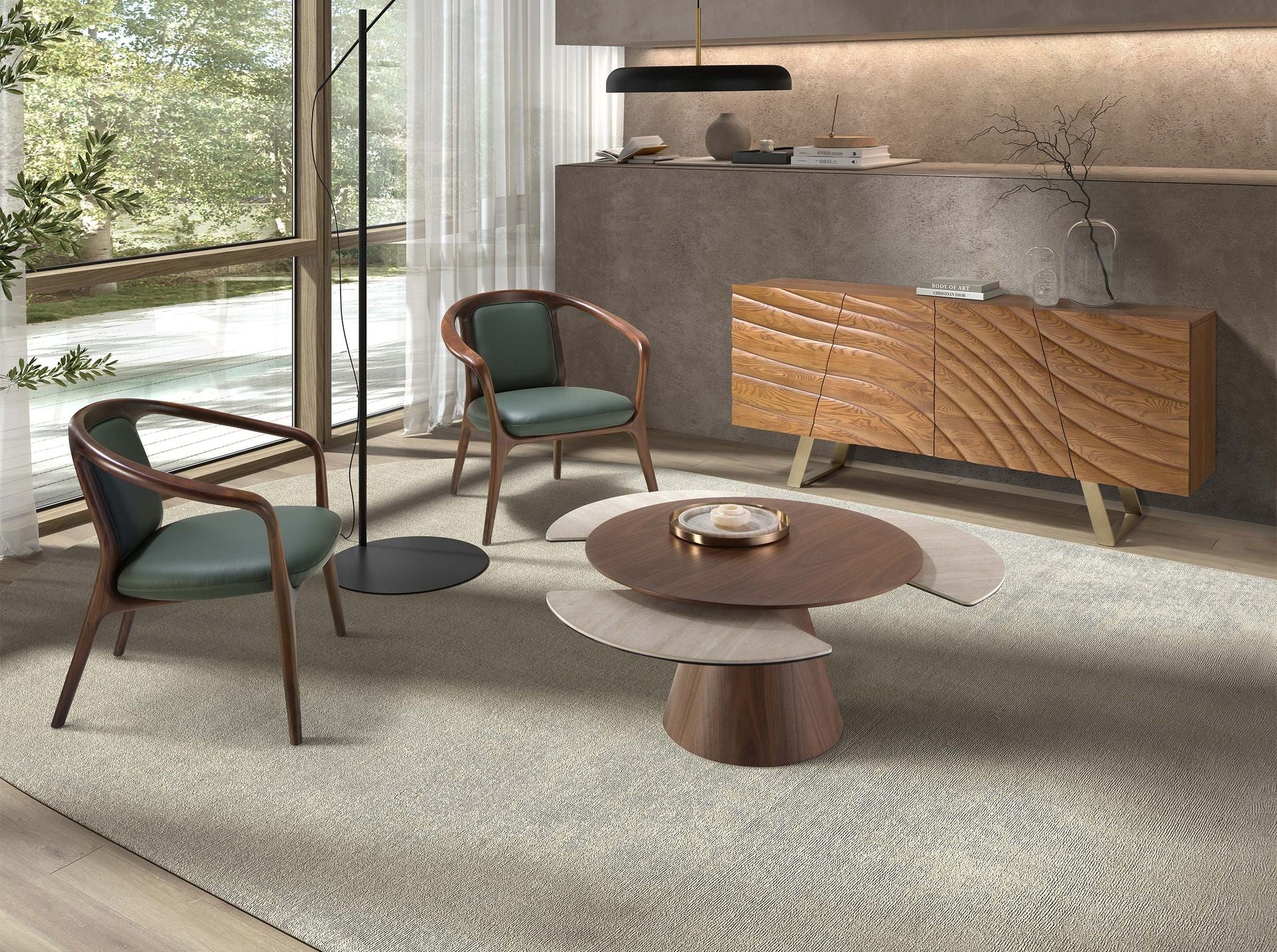 Round extendable living room table in walnut and porcelain marble