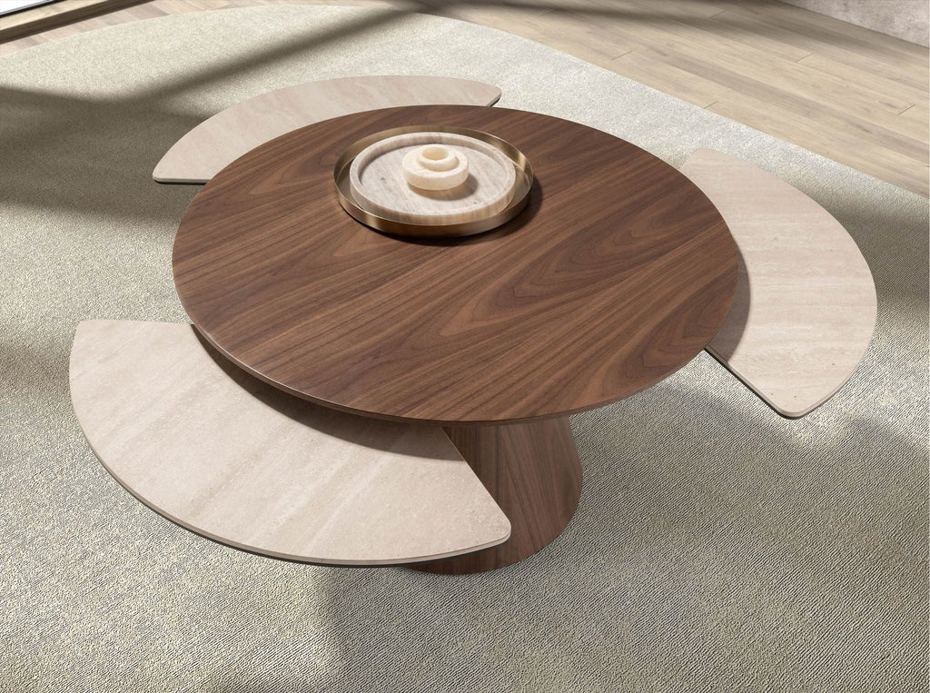 Round extendable living room table in walnut and porcelain marble