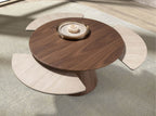 Round extendable living room table in walnut and porcelain marble