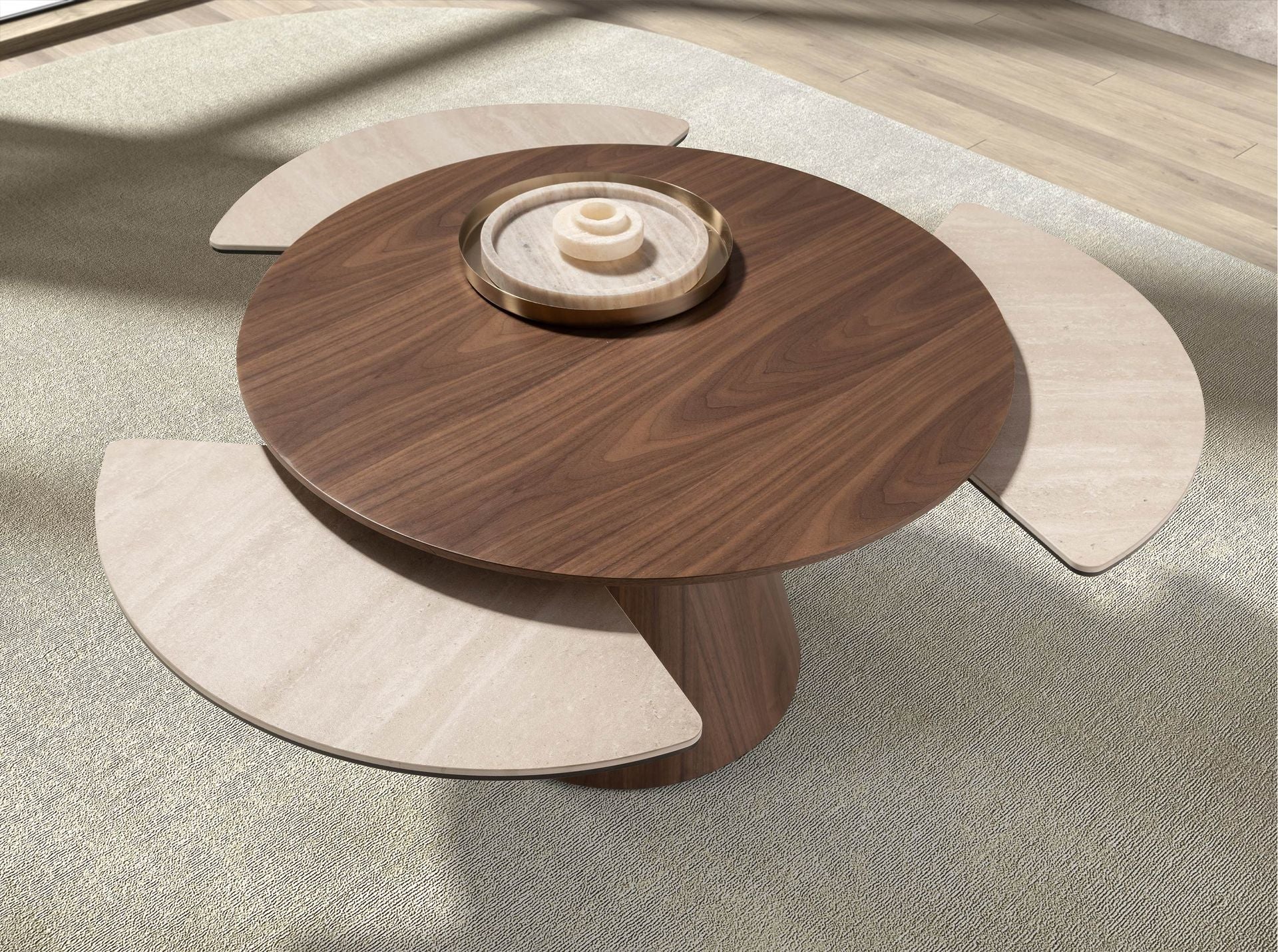Round extendable living room table in walnut and porcelain marble