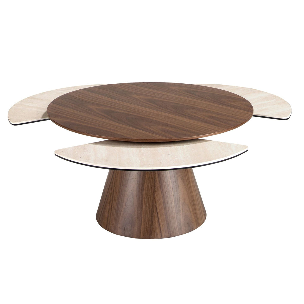Round extendable living room table in walnut and porcelain marble