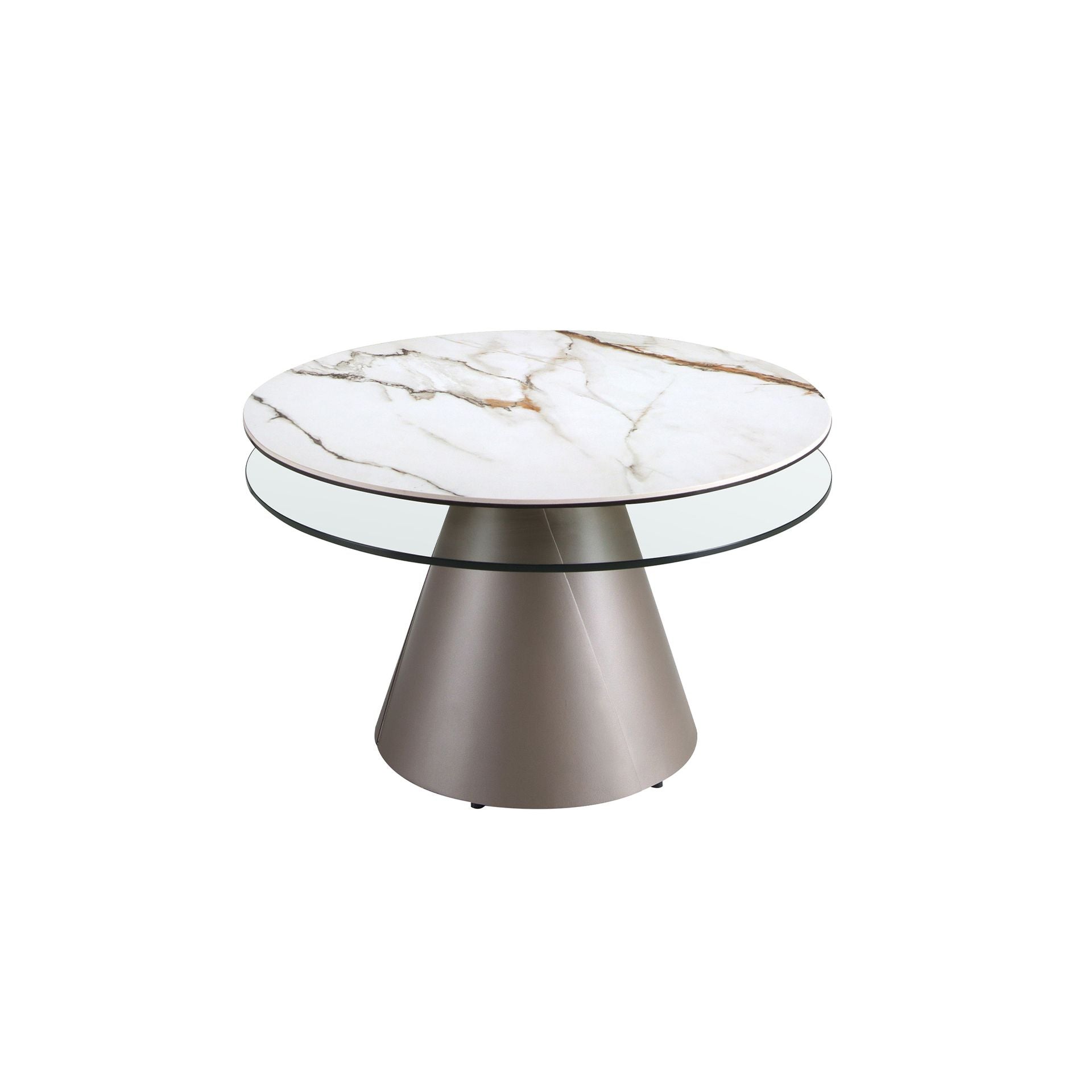 Round extendable coffee table in tempered glass, porcelain marble and silver gray steel