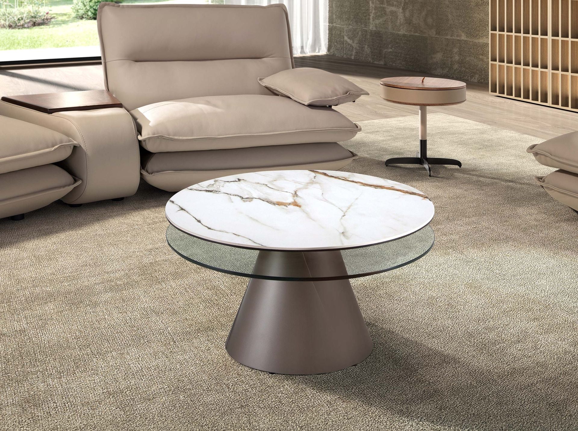 Round extendable coffee table in tempered glass, porcelain marble and silver gray steel