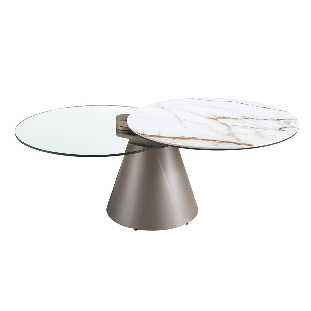 Round extendable coffee table in tempered glass, porcelain marble and silver gray steel