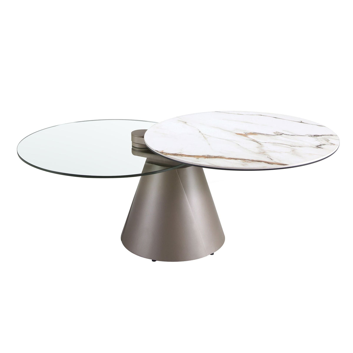 Round extendable coffee table in tempered glass, porcelain marble and silver gray steel