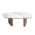 Organic-shaped porcelain stoneware and walnut coffee table