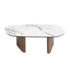 Organic-shaped porcelain stoneware and walnut coffee table
