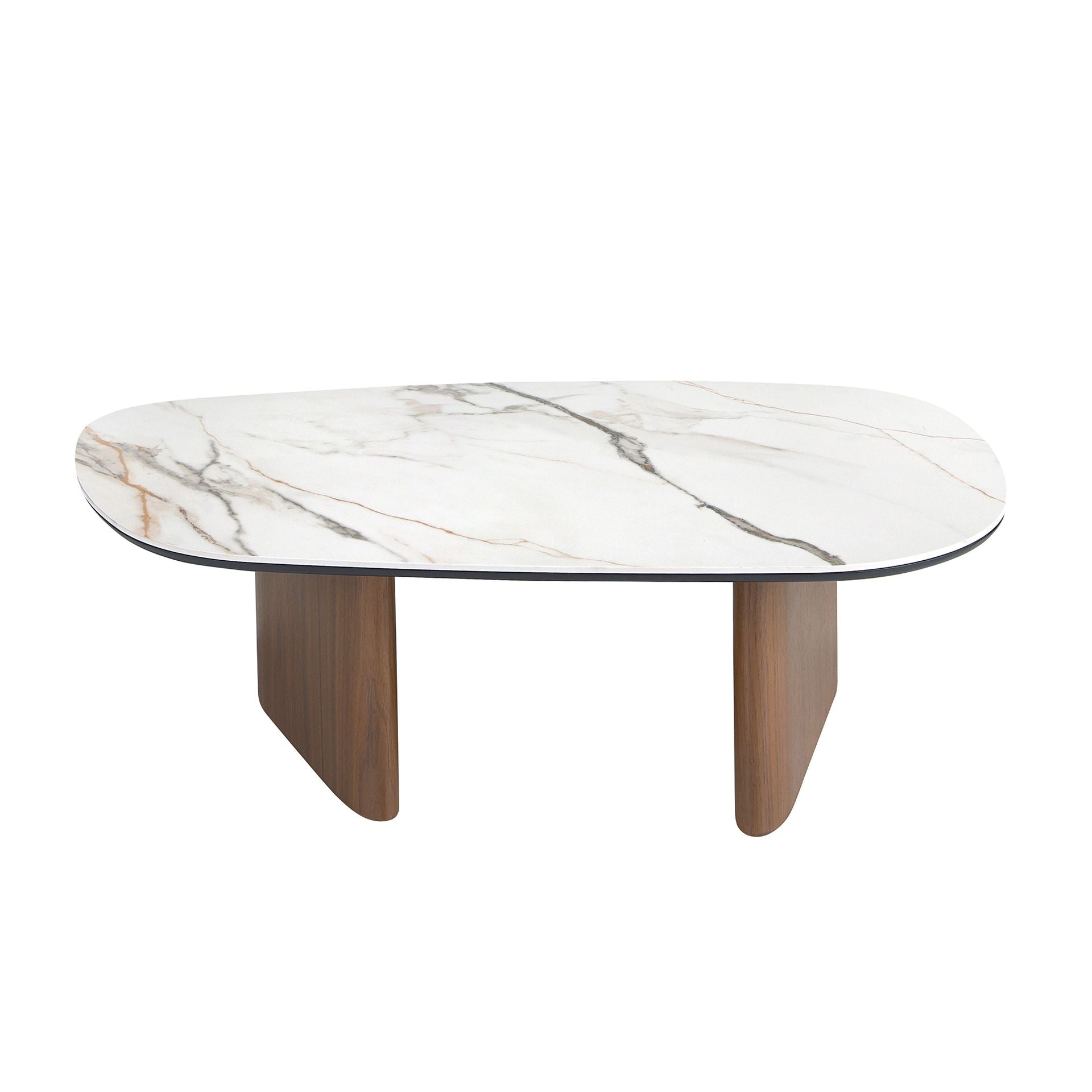 Organic-shaped porcelain stoneware and walnut coffee table