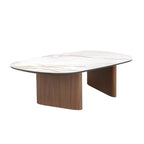 Organic-shaped porcelain stoneware and walnut coffee table