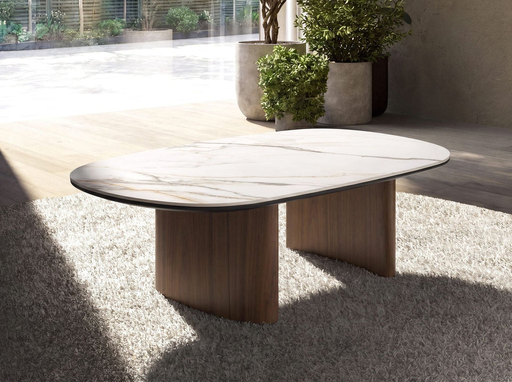 Organic-shaped porcelain stoneware and walnut coffee table