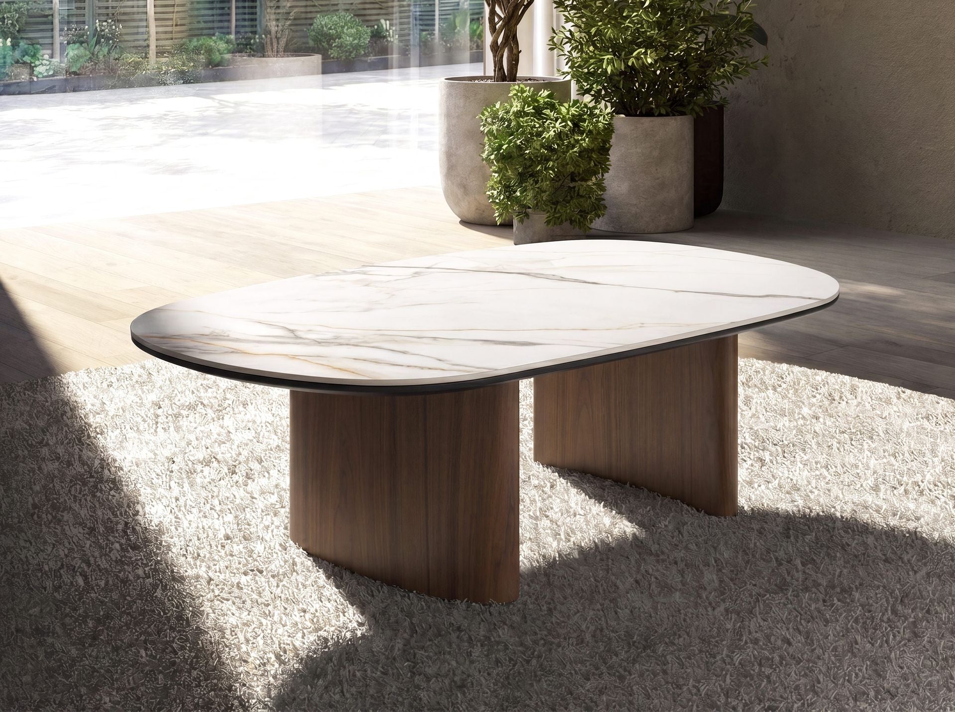 Organic-shaped porcelain stoneware and walnut coffee table