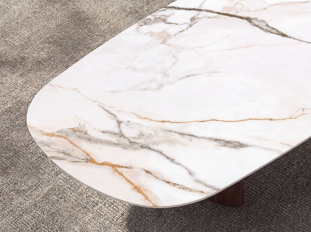Organic-shaped porcelain stoneware and walnut coffee table