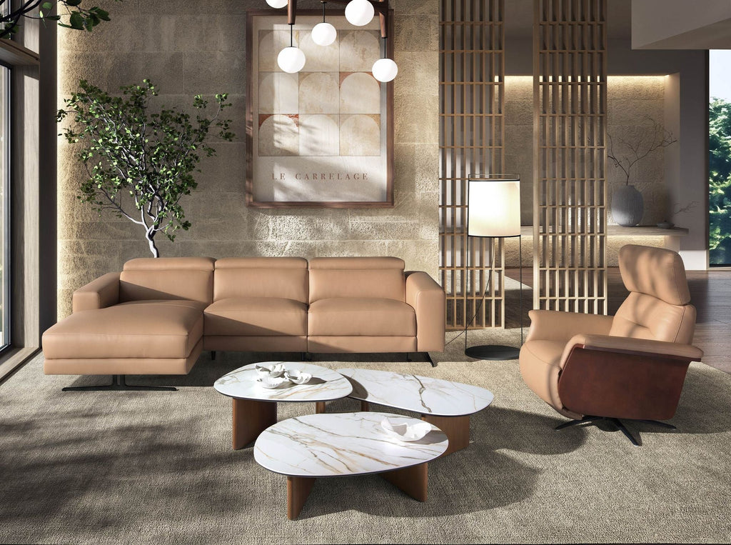 Organic-shaped porcelain stoneware and walnut coffee table