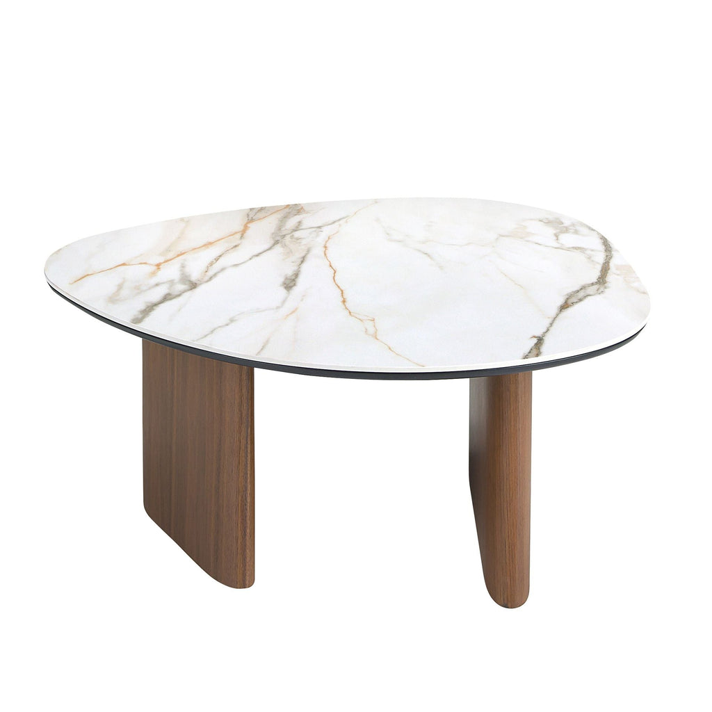 Organic-shaped living room coffee table in porcelain marble and walnut