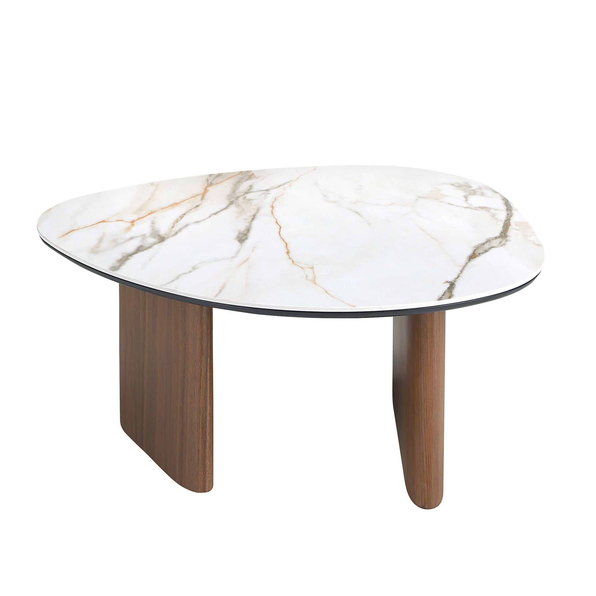 Organic-shaped living room coffee table in porcelain marble and walnut