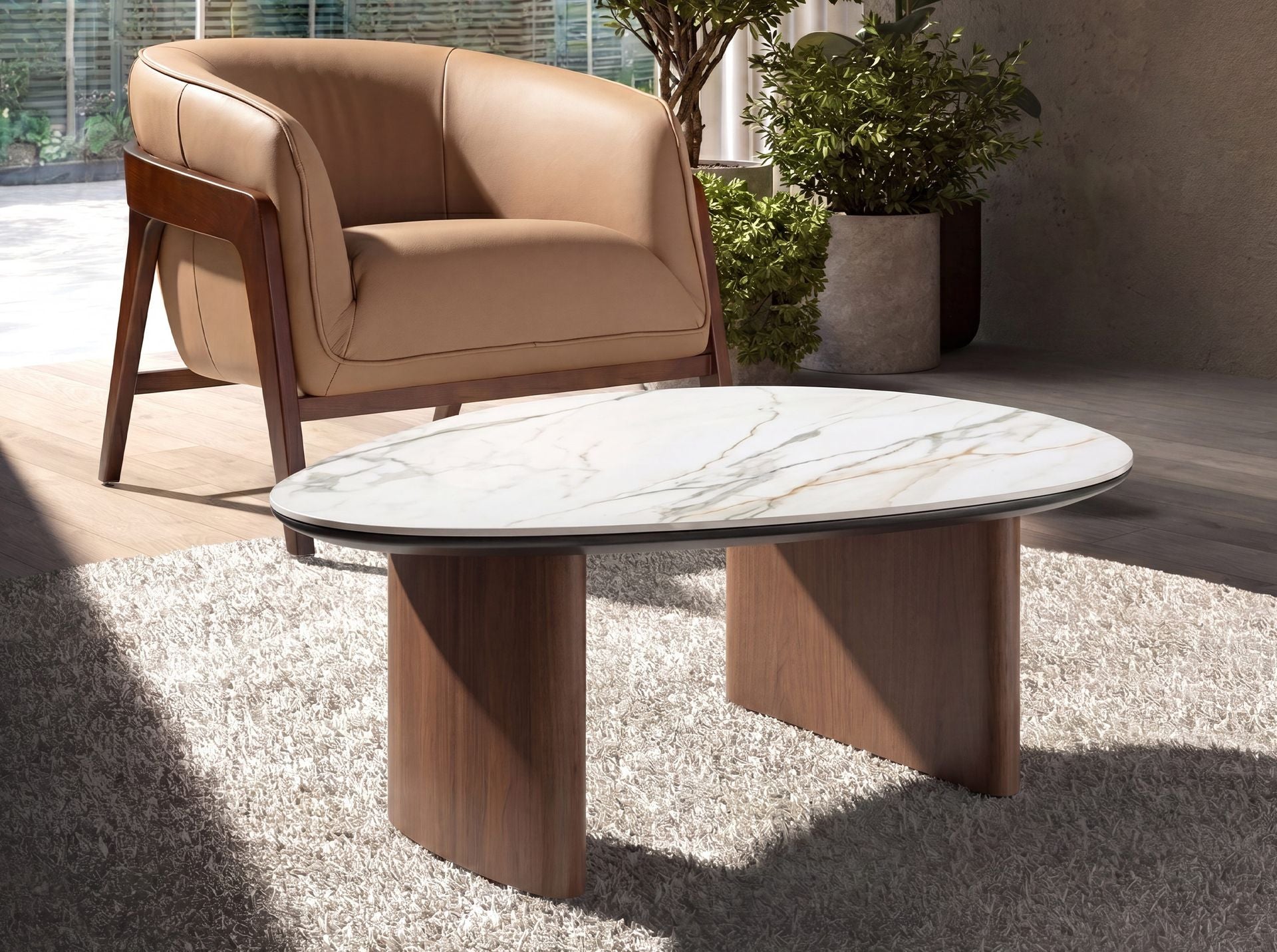 Organic-shaped living room coffee table in porcelain marble and walnut